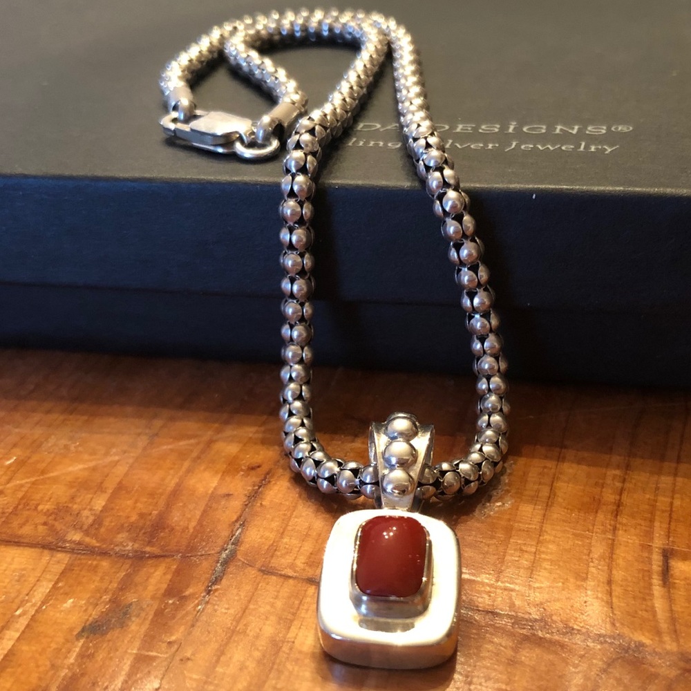 Vintage Silpada Sterling Silver Red Stone Pendant on Popcorn Chain